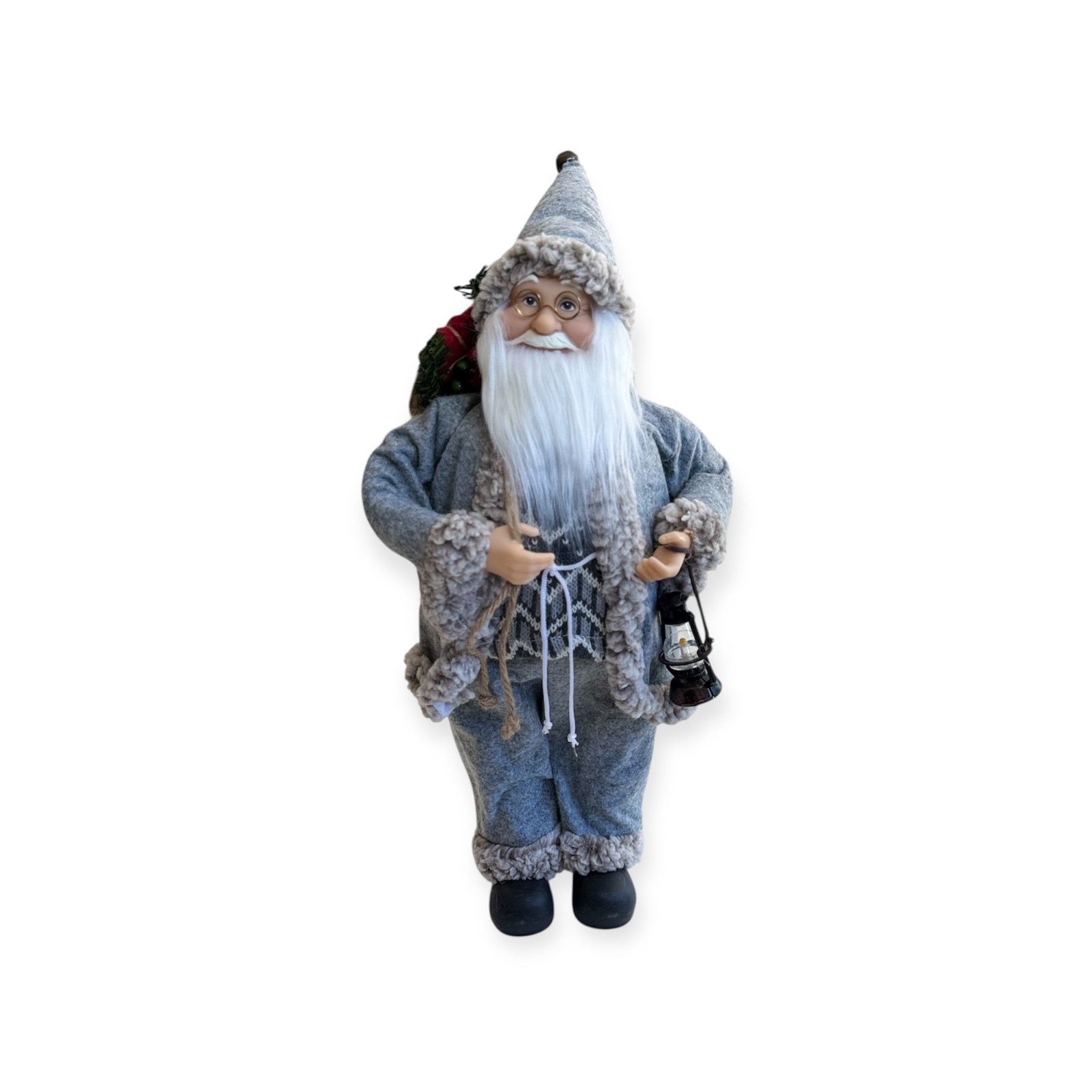 Deda Mraz u sivom sa torbom i fenjerom